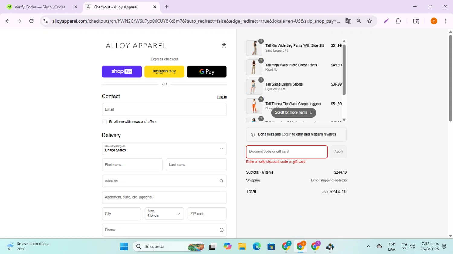 Alloy Apparel coupon code screenshot showing code SAVE30 applied at Alloy Apparel checkout page. Uploaded by SimplyCodes community member ycg487 on Aug 25, 2025