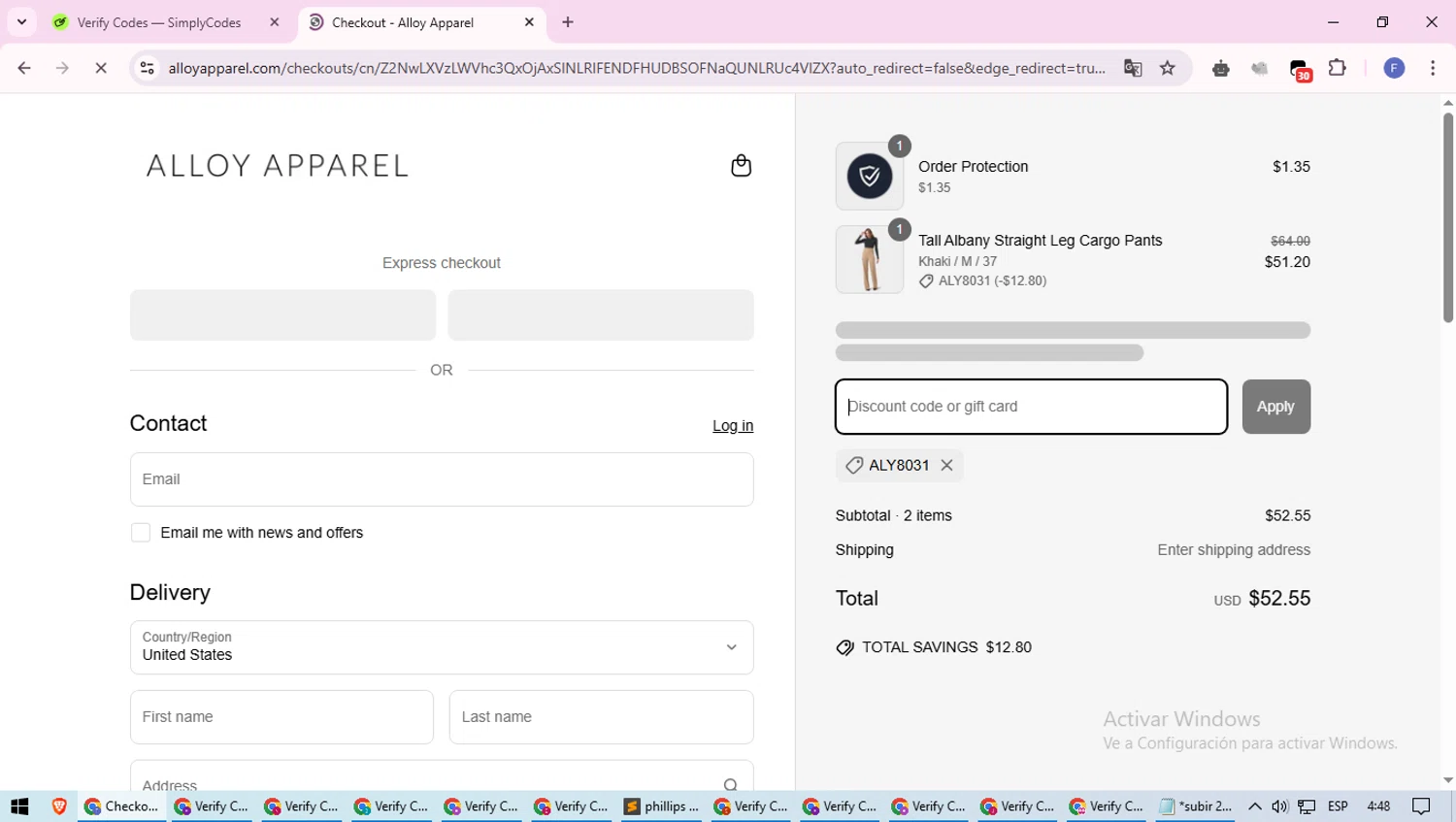 Alloy Apparel coupon code screenshot showing code ALY8031 applied at Alloy Apparel checkout page. Uploaded by SimplyCodes community member loversuper on Apr 24, 2025