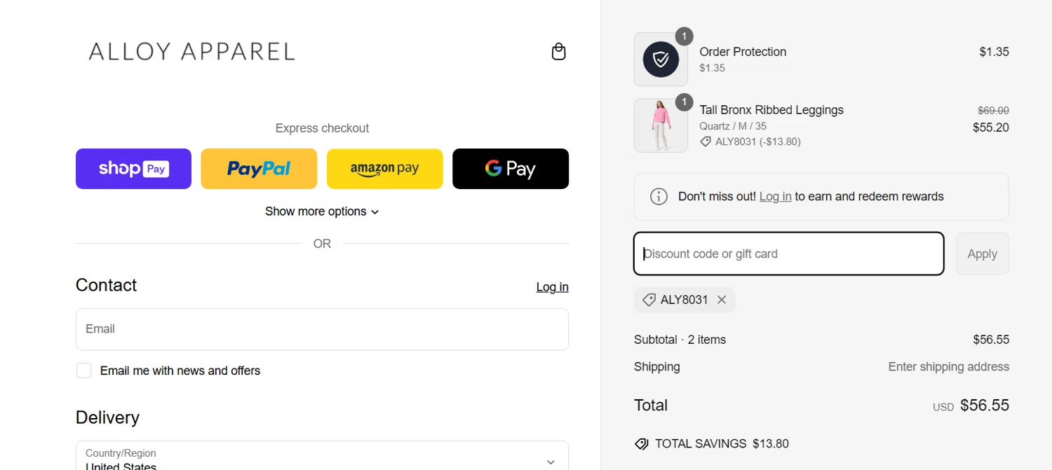 Alloy Apparel coupon code screenshot showing code ALY8031 applied at Alloy Apparel checkout page. Uploaded by SimplyCodes community member lukeCallahannn on Mar 8, 2025
