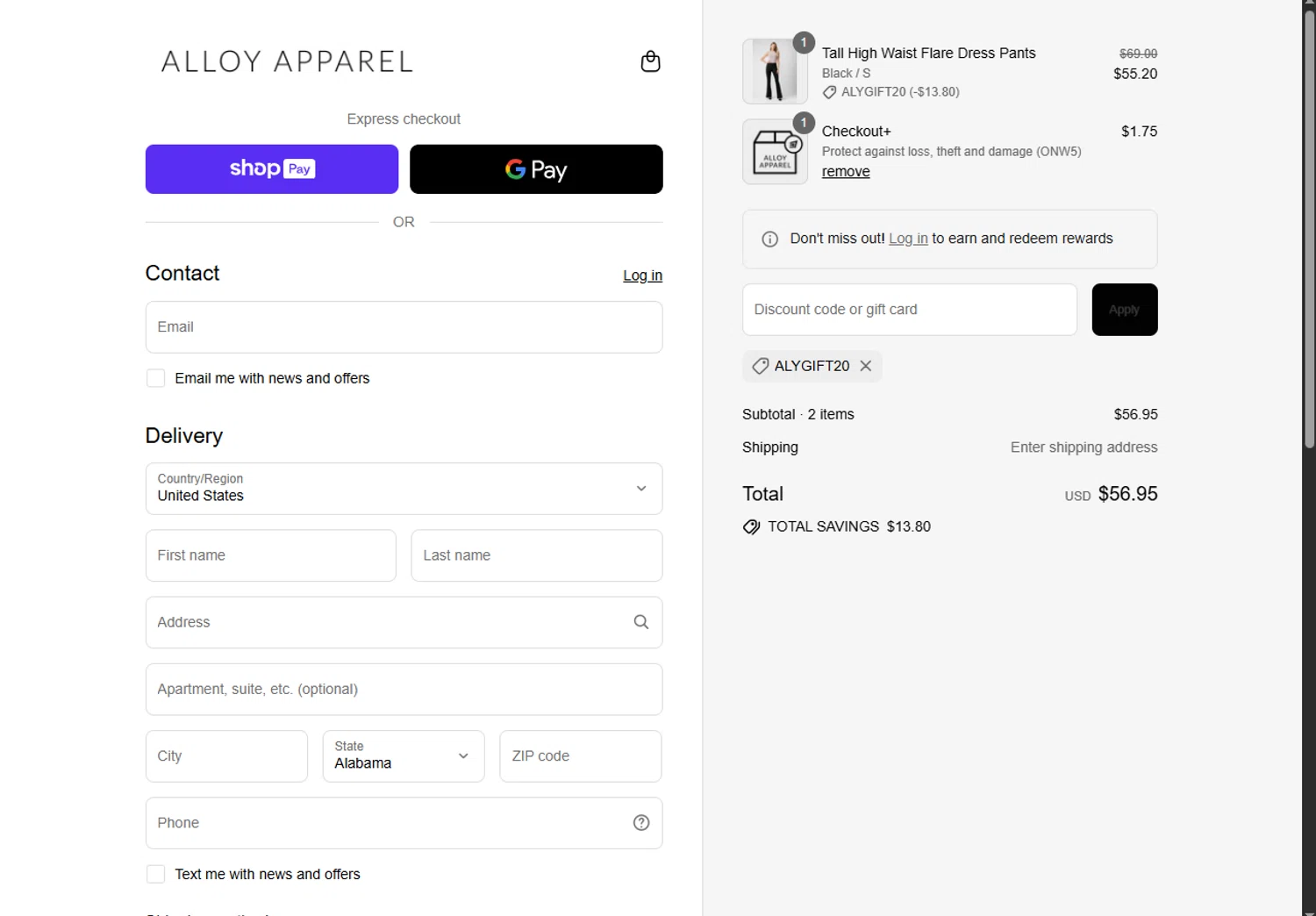 Alloy Apparel coupon code screenshot showing code ALYGIFT20 applied at Alloy Apparel checkout page. Uploaded by SimplyCodes community member RewardPhoenix3732 on Jul 17, 2025
