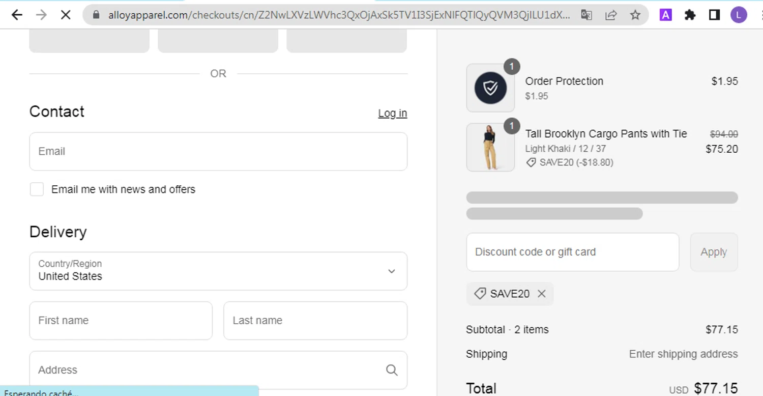 Alloy Apparel coupon code screenshot showing code SAVE20 applied at Alloy Apparel checkout page. Uploaded by SimplyCodes community member NobleKnight286 on Mar 8, 2025