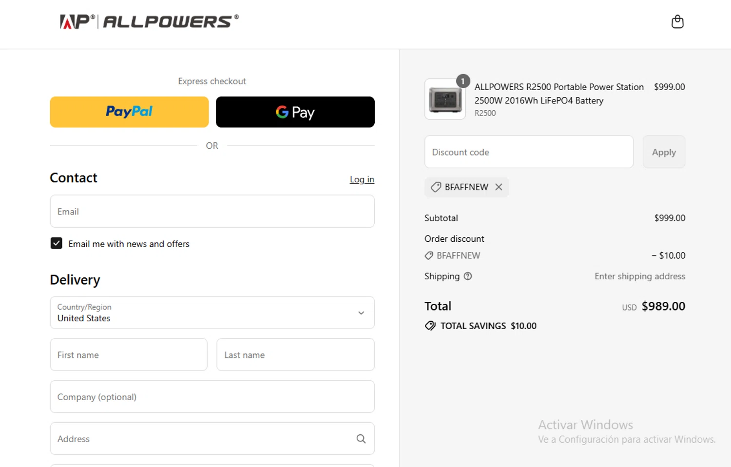ALLPOWERS discount code screenshot showing code BFAFFNEW applied at ALLPOWERS checkout page. Uploaded by SimplyCodes community member Gary_23 on Jul 26, 2025