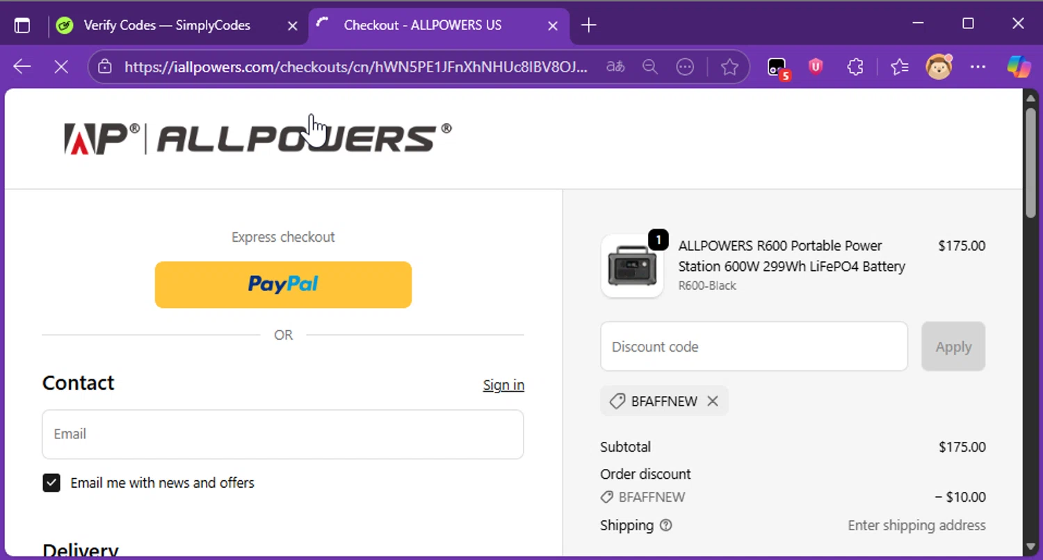 ALLPOWERS discount code screenshot showing code BFAFFNEW applied at ALLPOWERS checkout page. Uploaded by SimplyCodes community member Raibelys_18 on Nov 17, 2025