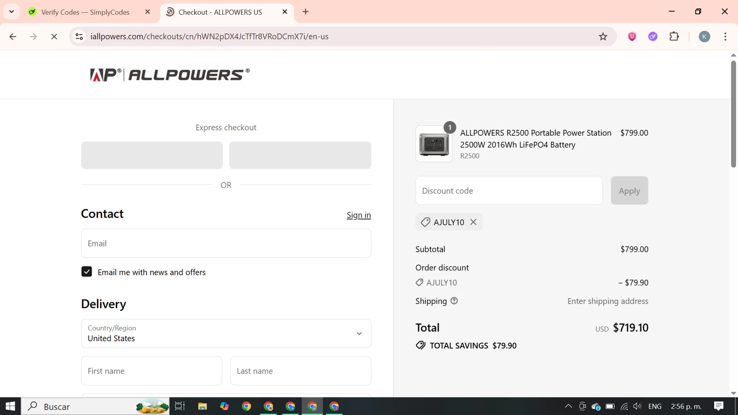 ALLPOWERS discount code screenshot showing code AJULY10 applied at ALLPOWERS checkout page. Uploaded by SimplyCodes community member SavingsBoss9912 on Sep 10, 2025