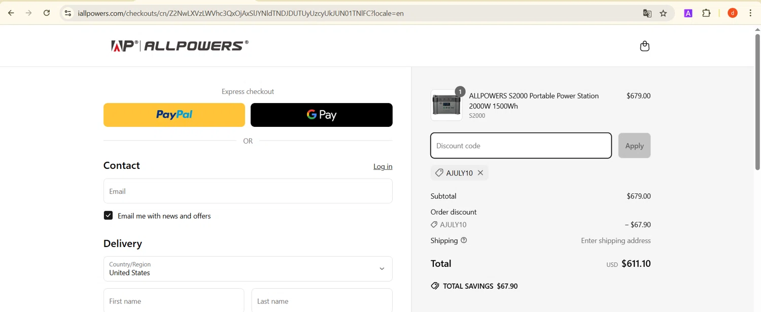 ALLPOWERS discount code screenshot showing code AJULY10 applied at ALLPOWERS checkout page. Uploaded by SimplyCodes community member ShieldAce8475 on Apr 15, 2025