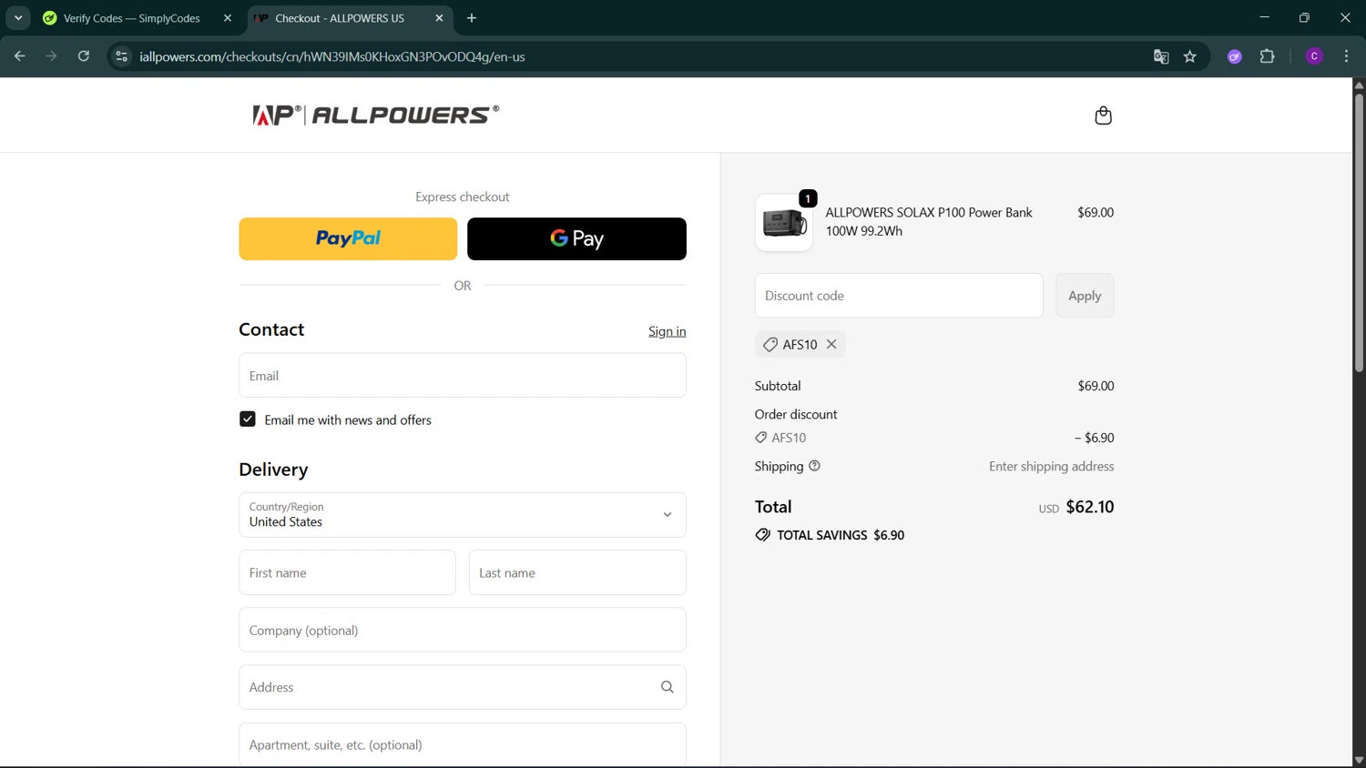 ALLPOWERS discount code screenshot showing code AFS10 applied at ALLPOWERS checkout page. Uploaded by SimplyCodes community member GoldSeeker3096 on Sep 19, 2025