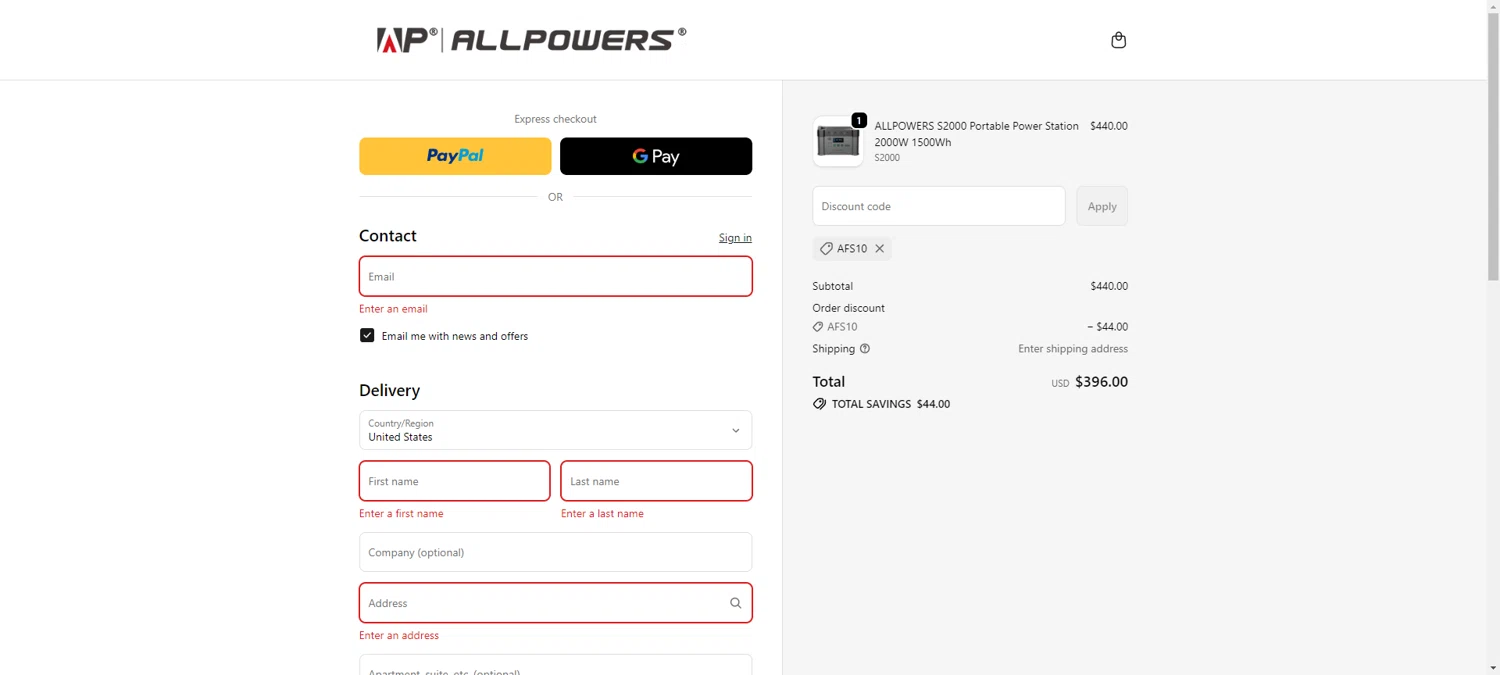 ALLPOWERS discount code screenshot showing code AFS10 applied at ALLPOWERS checkout page. Uploaded by SimplyCodes community member RewardTitan728 on Nov 28, 2025