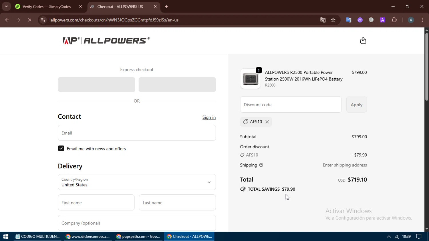ALLPOWERS discount code screenshot showing code AFS10 applied at ALLPOWERS checkout page. Uploaded by SimplyCodes community member bombom on Sep 23, 2025