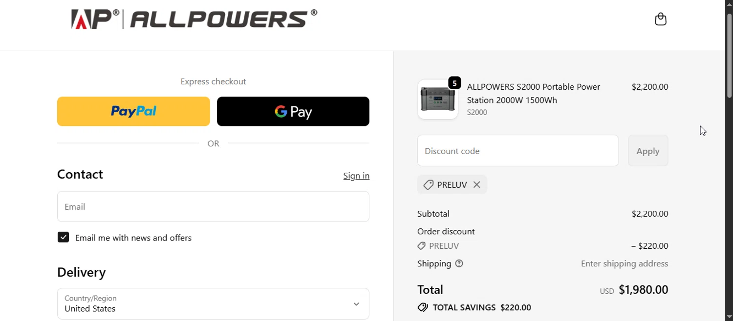 ALLPOWERS discount code screenshot showing code PRELUV applied at ALLPOWERS checkout page. Uploaded by SimplyCodes community member DiscountCurator3556 on Oct 25, 2025