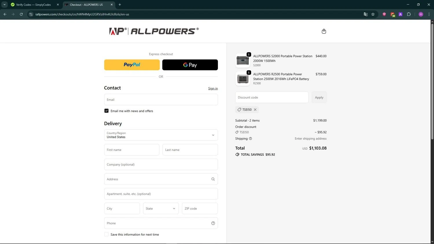 ALLPOWERS discount code screenshot showing code tsei50 applied at ALLPOWERS checkout page. Uploaded by SimplyCodes community member TokenChaser4876 on Oct 21, 2025