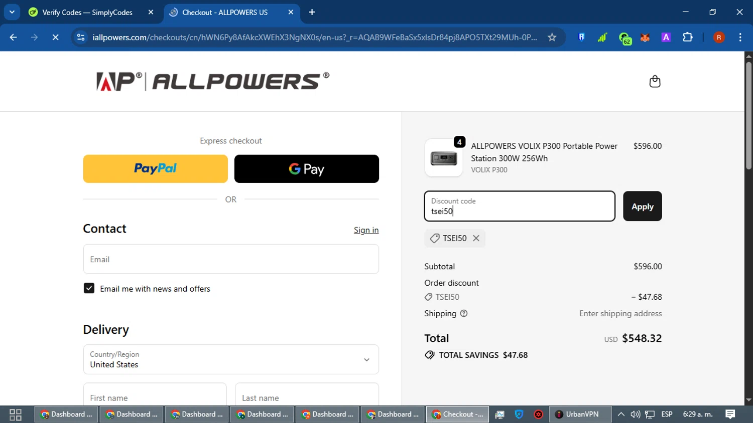 ALLPOWERS discount code screenshot showing code tsei50 applied at ALLPOWERS checkout page. Uploaded by SimplyCodes community member robertotorrealba on Dec 14, 2025