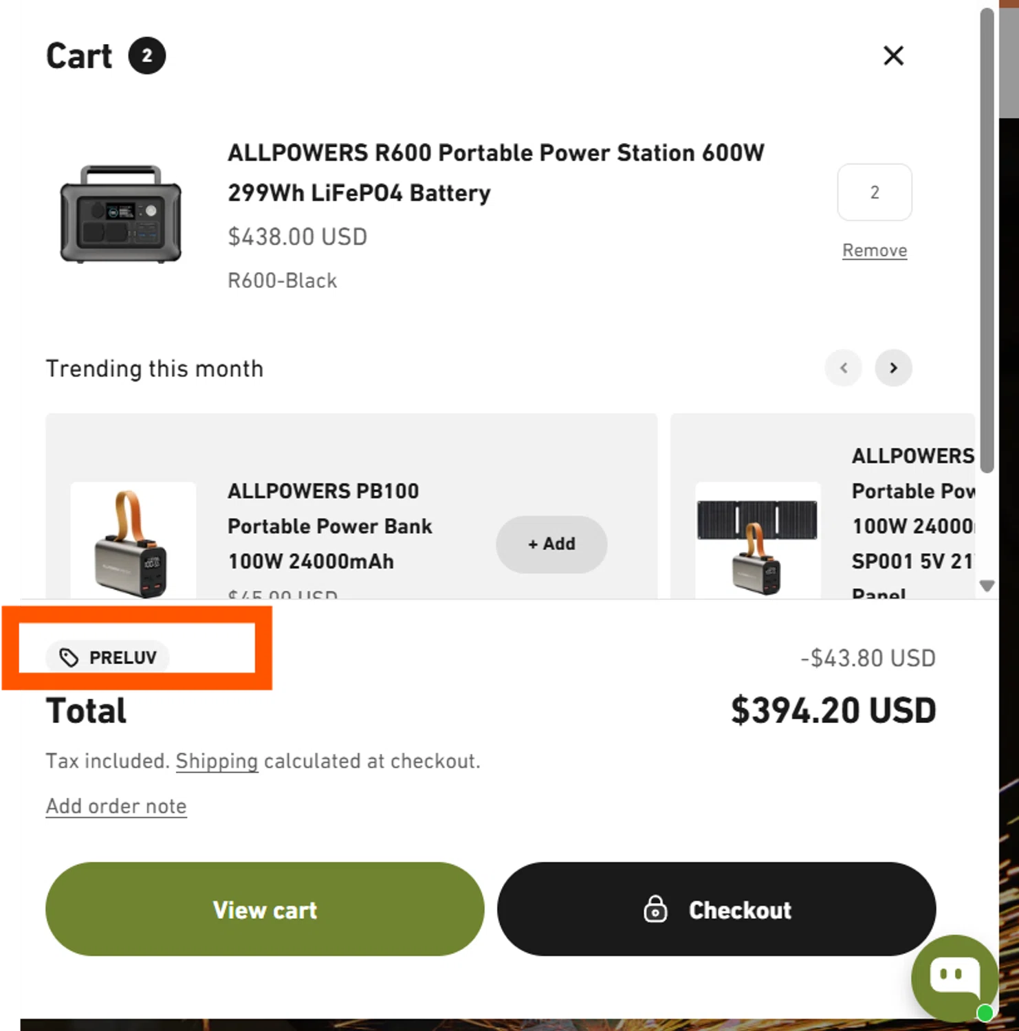 ALLPOWERS discount code screenshot showing code PRELUV applied at ALLPOWERS checkout page. Uploaded by SimplyCodes community member CleverSentinel4477 on Jul 25, 2025