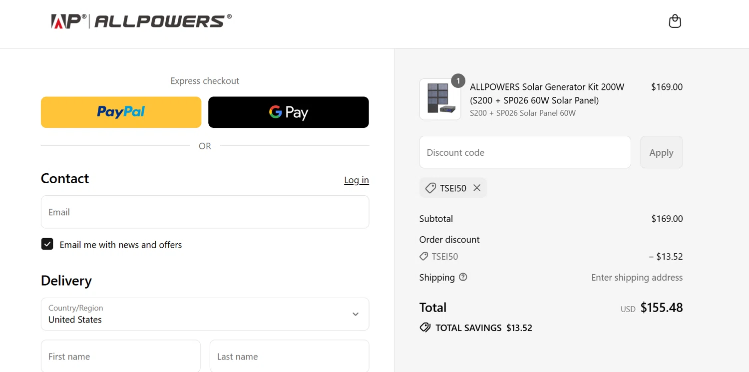 ALLPOWERS discount code screenshot showing code tsei50 applied at ALLPOWERS checkout page. Uploaded by SimplyCodes community member juancrisostomo on Aug 14, 2025
