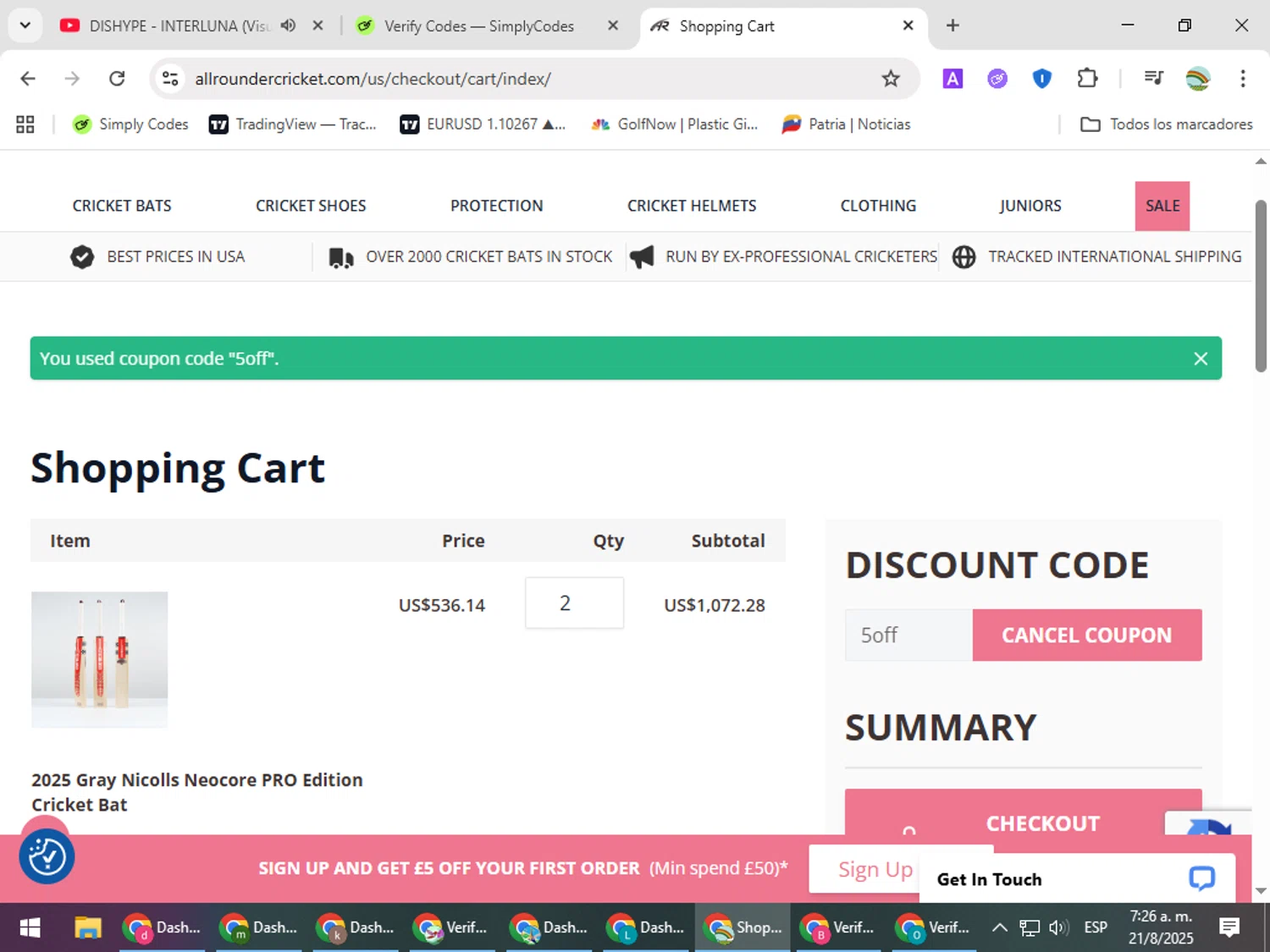 All Rounder Cricket discount code screenshot showing code 5off applied at All Rounder Cricket checkout page. Uploaded by SimplyCodes community member CoinMaven5220 on Aug 21, 2025