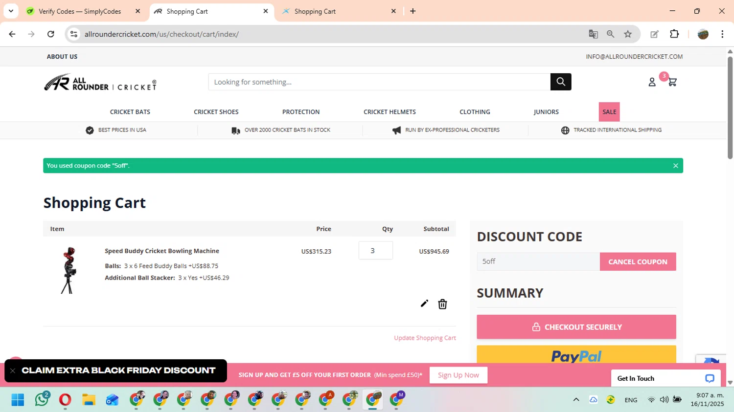 All Rounder Cricket discount code screenshot showing code 5off applied at All Rounder Cricket checkout page. Uploaded by SimplyCodes community member FundoEsperanza on Nov 16, 2025