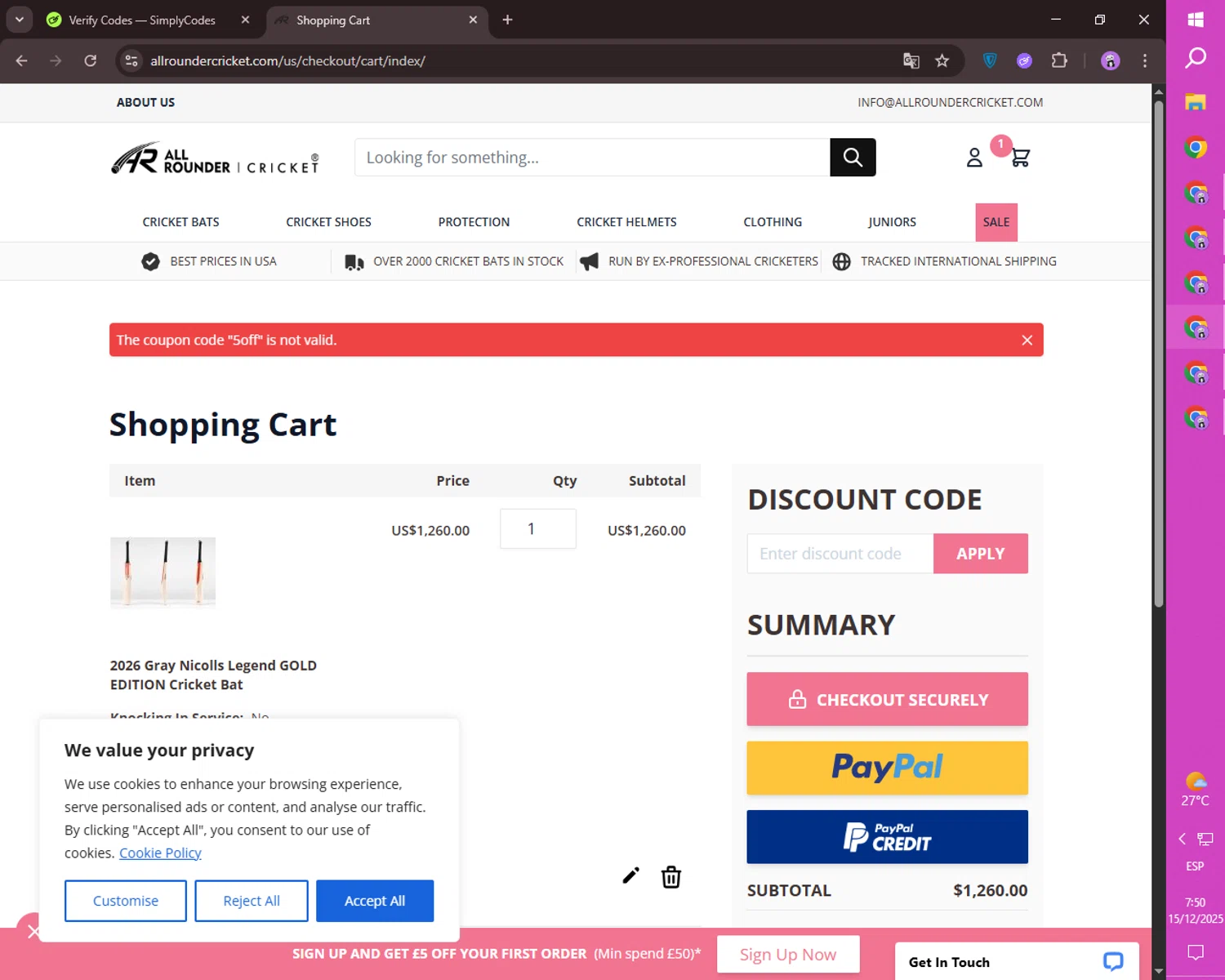 All Rounder Cricket discount code screenshot showing code 5off applied at All Rounder Cricket checkout page. Uploaded by SimplyCodes community member ositouno on Dec 15, 2025