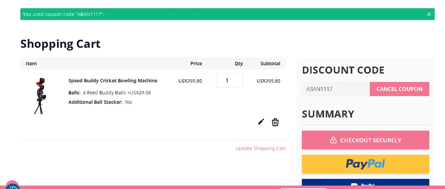 All Rounder Cricket discount code screenshot showing code ABAN1117 applied at All Rounder Cricket checkout page. Uploaded by SimplyCodes community member CRYSTALSUICINE on Sep 7, 2025