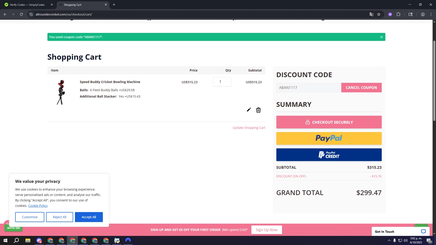 All Rounder Cricket discount code screenshot showing code ABAN1117 applied at All Rounder Cricket checkout page. Uploaded by SimplyCodes community member fffffffffffffffffff on Oct 6, 2025
