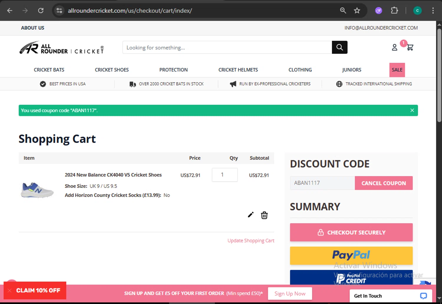 All Rounder Cricket discount code screenshot showing code ABAN1117 applied at All Rounder Cricket checkout page. Uploaded by SimplyCodes community member WiseMonarch3906 on Nov 4, 2025