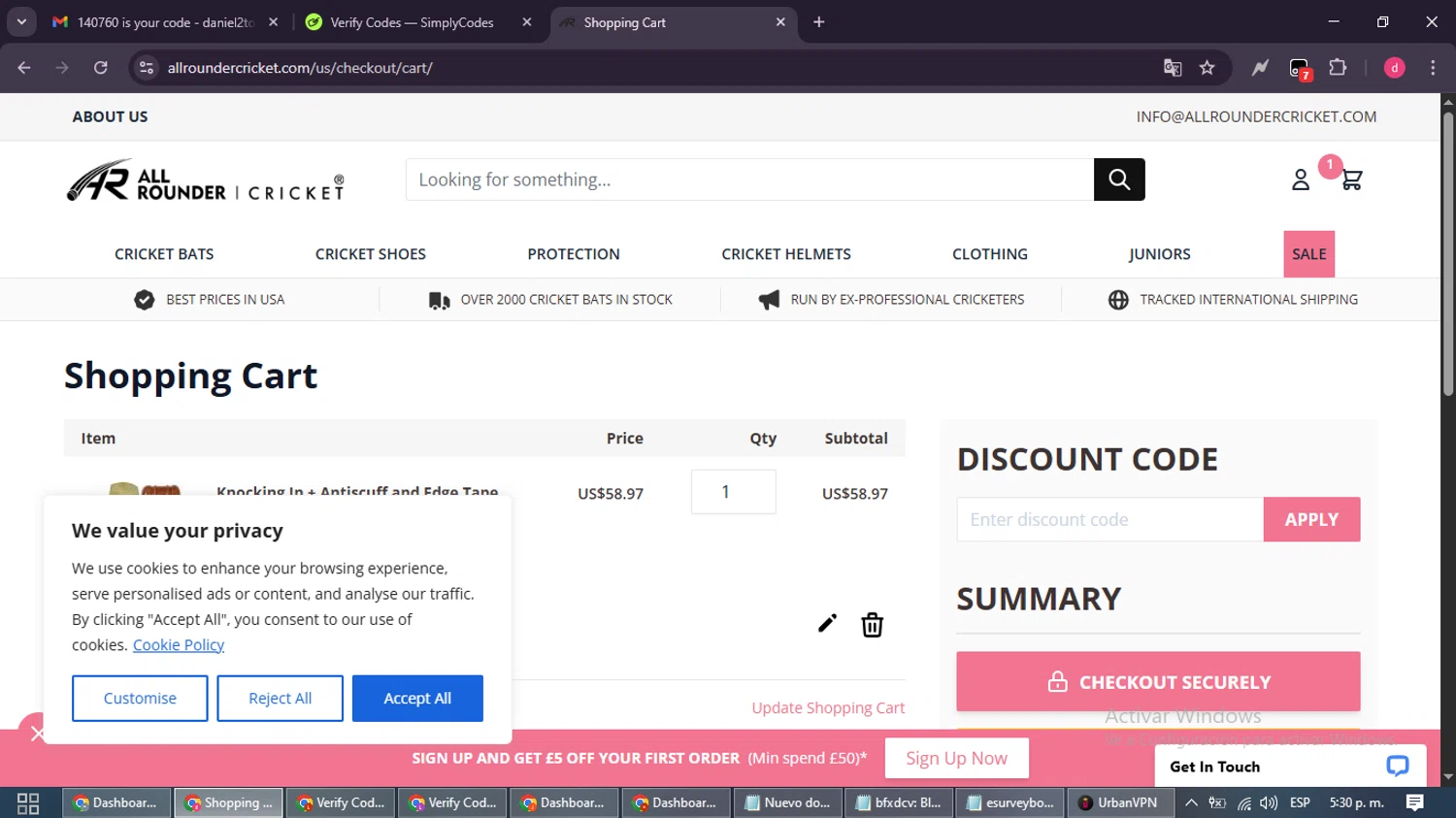 All Rounder Cricket discount code screenshot showing code august10 applied at All Rounder Cricket checkout page. Uploaded by SimplyCodes community member MagnificentSpotter4236 on Sep 6, 2025