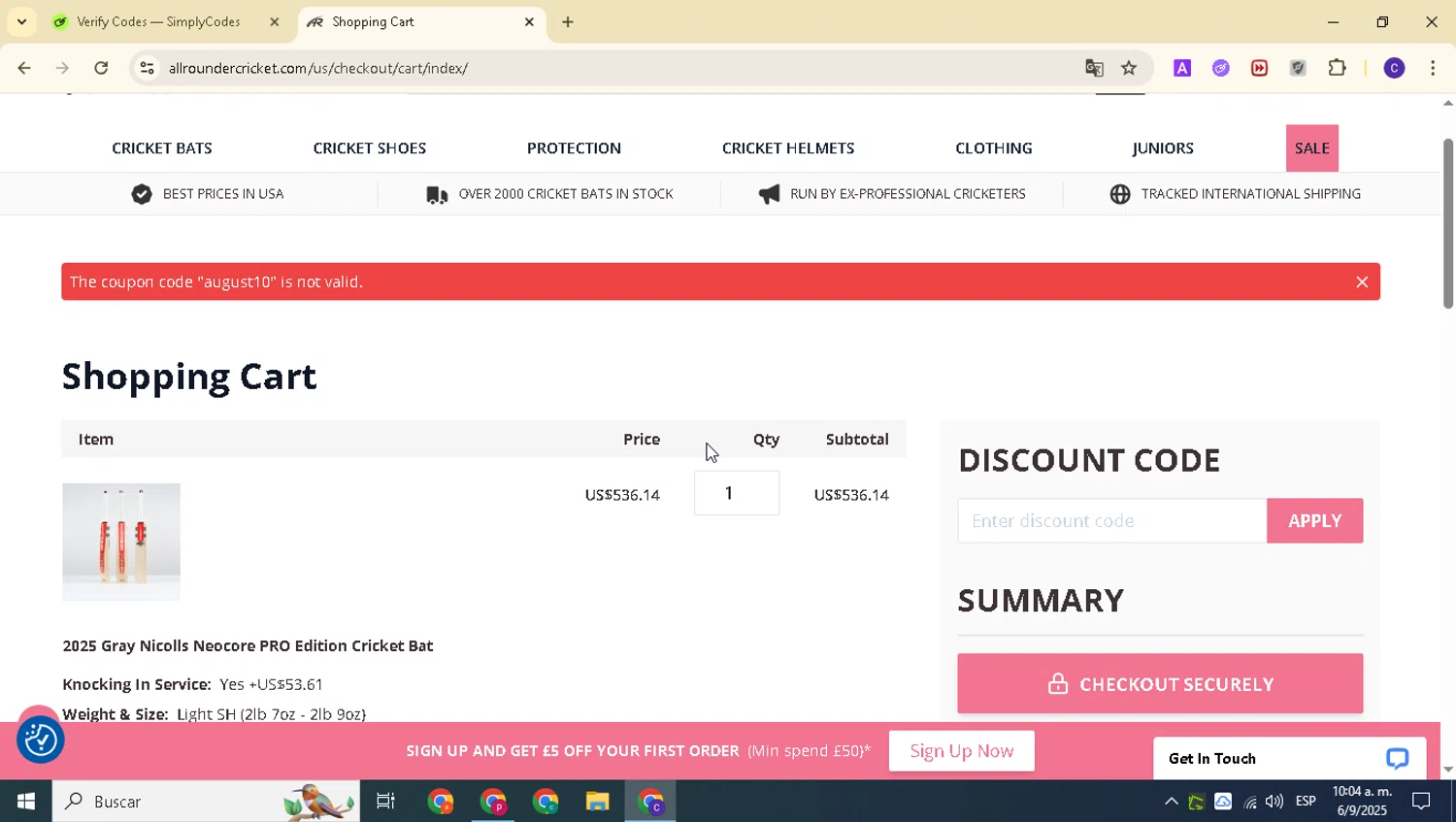 All Rounder Cricket discount code screenshot showing code august10 applied at All Rounder Cricket checkout page. Uploaded by SimplyCodes community member alexanderarnold on Sep 6, 2025