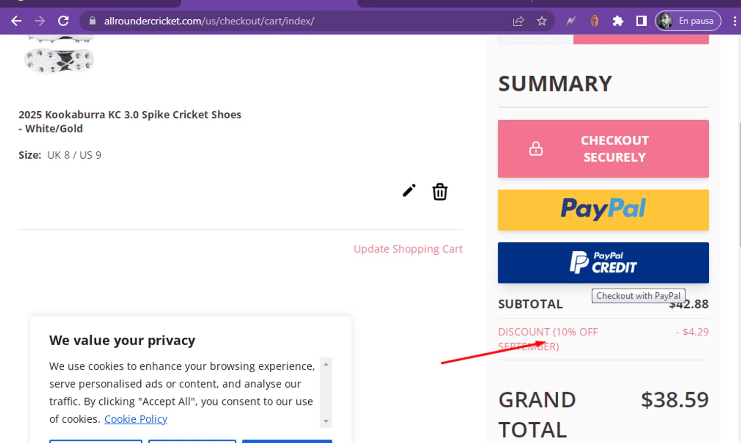 All Rounder Cricket discount code screenshot showing code SEPT10 applied at All Rounder Cricket checkout page. Uploaded by SimplyCodes community member ADONAY on Oct 6, 2025