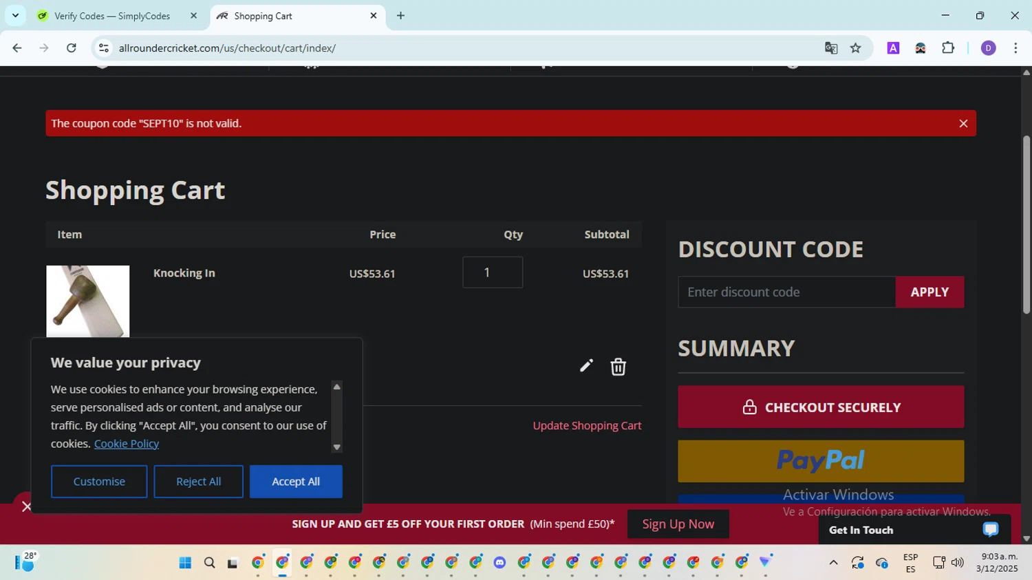 All Rounder Cricket discount code screenshot showing code SEPT10 applied at All Rounder Cricket checkout page. Uploaded by SimplyCodes community member EpicSpotter8045 on Dec 3, 2025