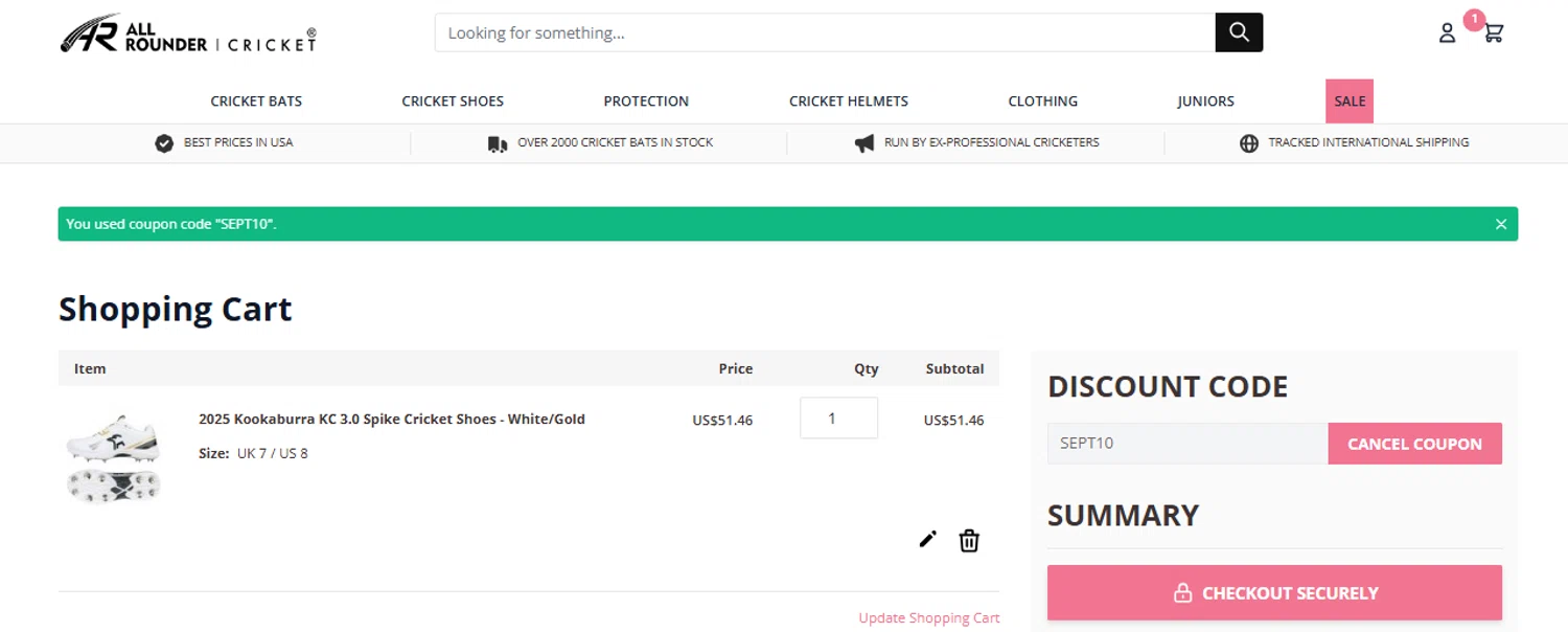 All Rounder Cricket discount code screenshot showing code SEPT10 applied at All Rounder Cricket checkout page. Uploaded by SimplyCodes community member THEPOWER on Sep 8, 2025