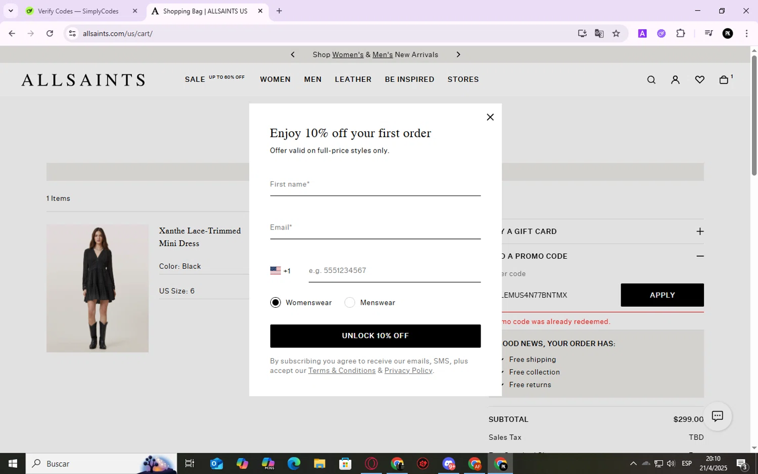 AllSaints promo code screenshot showing code WELEMUS4N77BNTMX applied at AllSaints checkout page. Uploaded by SimplyCodes community member TheJyzu on Apr 22, 2025