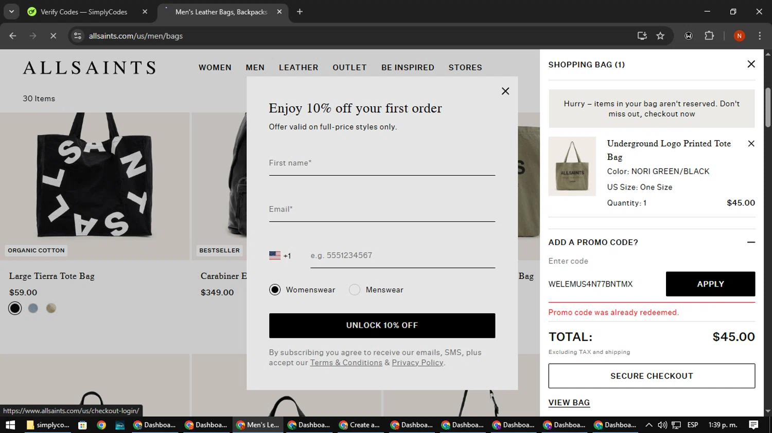 AllSaints promo code screenshot showing code WELEMUS4N77BNTMX applied at AllSaints checkout page. Uploaded by SimplyCodes community member MagnificentScout194 on Mar 25, 2025