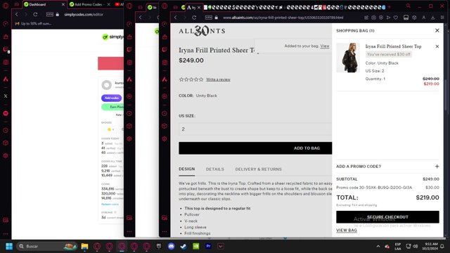 AllSaints checkout page showing AllSaints promo code box | Screenshot taken by SimplyCodes community member on Oct 2, 2024