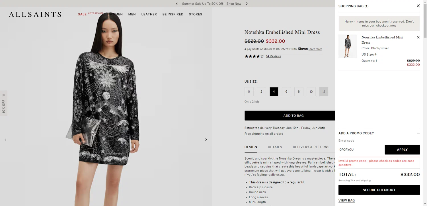 AllSaints promo code screenshot showing code 10FORYOU applied at AllSaints checkout page. Uploaded by SimplyCodes community member PromoAdmiral6652 on Jun 10, 2025