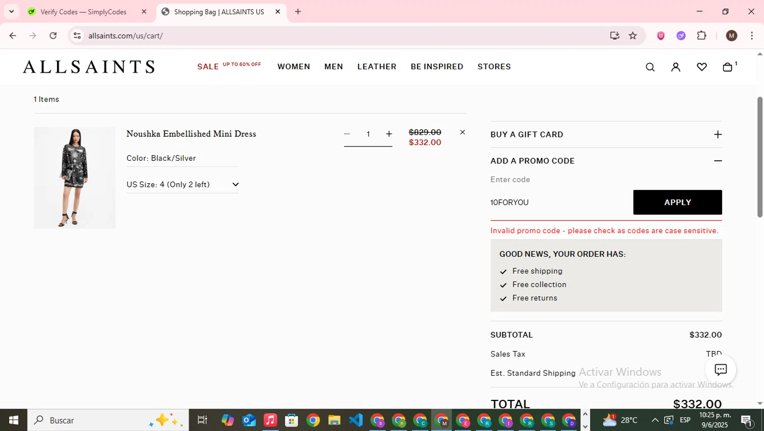 AllSaints promo code screenshot showing code 10FORYOU applied at AllSaints checkout page. Uploaded by SimplyCodes community member WonderWizard9060 on Jun 10, 2025