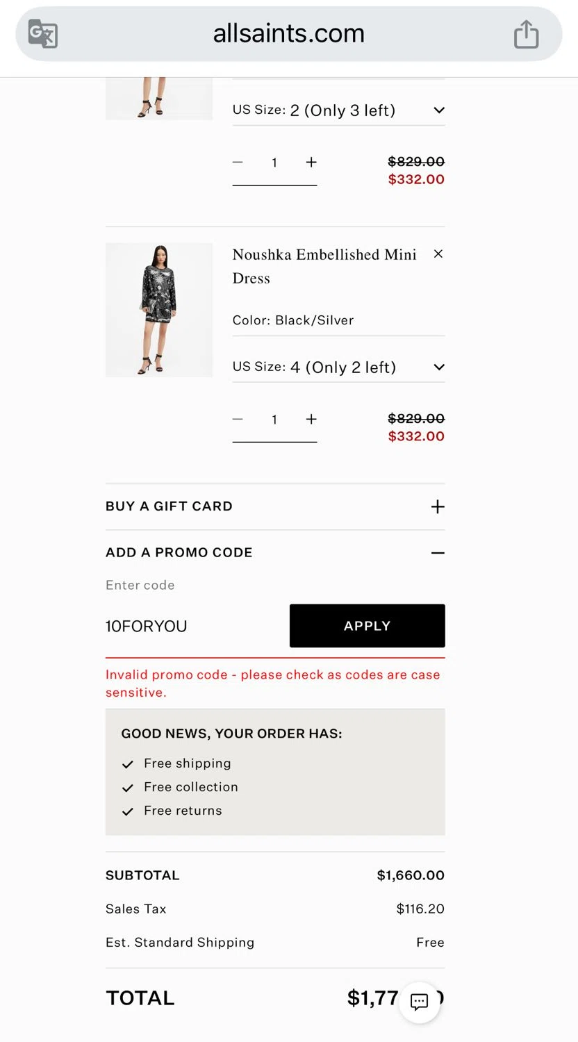 AllSaints promo code screenshot showing code 10FORYOU applied at AllSaints checkout page. Uploaded by SimplyCodes community member andreina on Jun 10, 2025