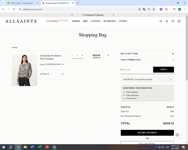 AllSaints checkout page showing AllSaints promo code box | Screenshot taken by SimplyCodes community member on Jan 29, 2025