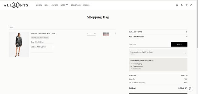 AllSaints checkout page showing AllSaints promo code box | Screenshot taken by SimplyCodes community member on Dec 2, 2024