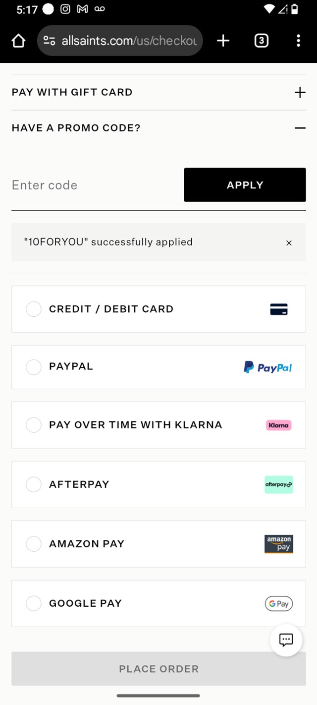 AllSaints checkout page showing AllSaints promo code box | Screenshot taken by SimplyCodes community member on Jan 2, 2025