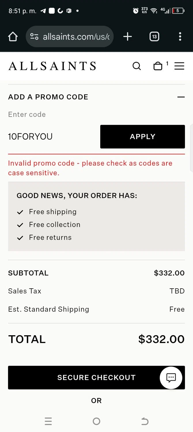 AllSaints promo code screenshot showing code 10FORYOU applied at AllSaints checkout page. Uploaded by SimplyCodes community member kellymoreno on Jun 10, 2025