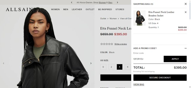 AllSaints checkout page showing AllSaints promo code box | Screenshot taken by SimplyCodes community member on Feb 1, 2025