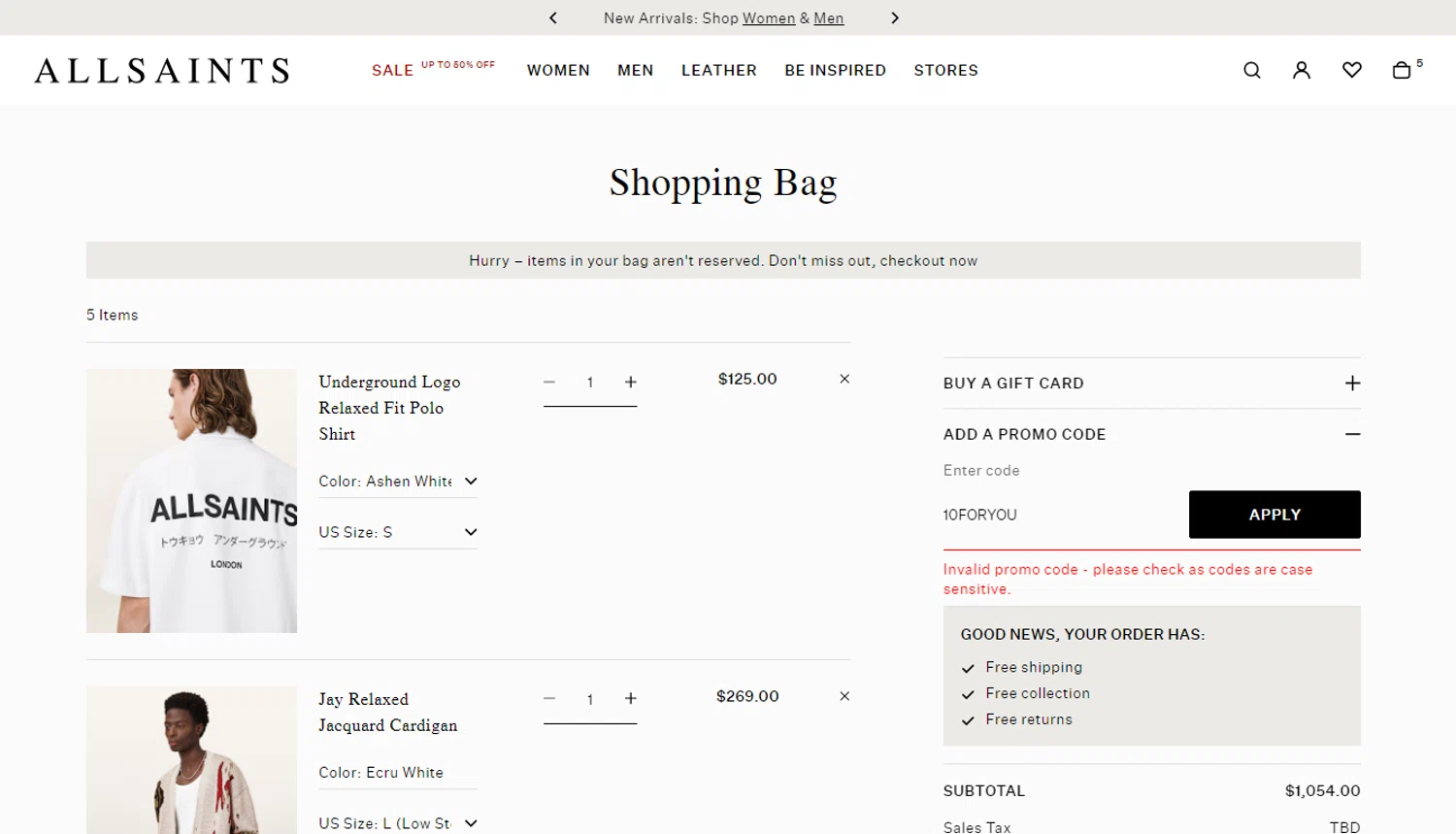 AllSaints promo code screenshot showing code 10FORYOU applied at AllSaints checkout page. Uploaded by SimplyCodes community member oliveririarte on Jun 10, 2025