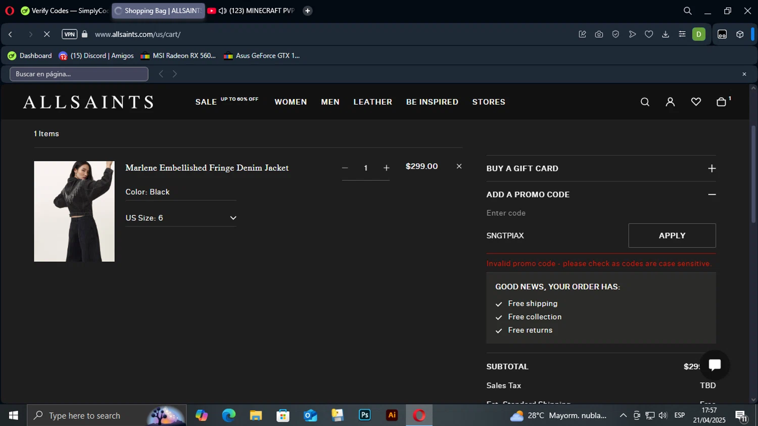 AllSaints promo code screenshot showing code SNGTPIAX applied at AllSaints checkout page. Uploaded by SimplyCodes community member PedriPingo on Apr 21, 2025