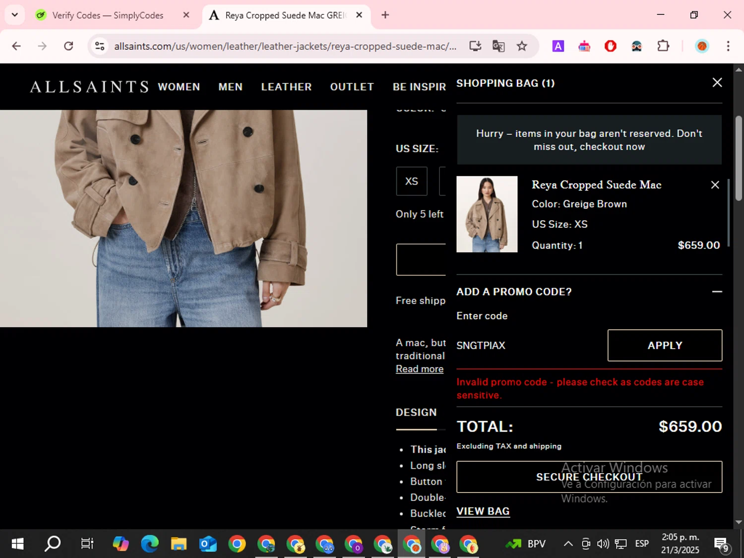 AllSaints promo code screenshot showing code SNGTPIAX applied at AllSaints checkout page. Uploaded by SimplyCodes community member BrilliantLynx7680 on Mar 21, 2025