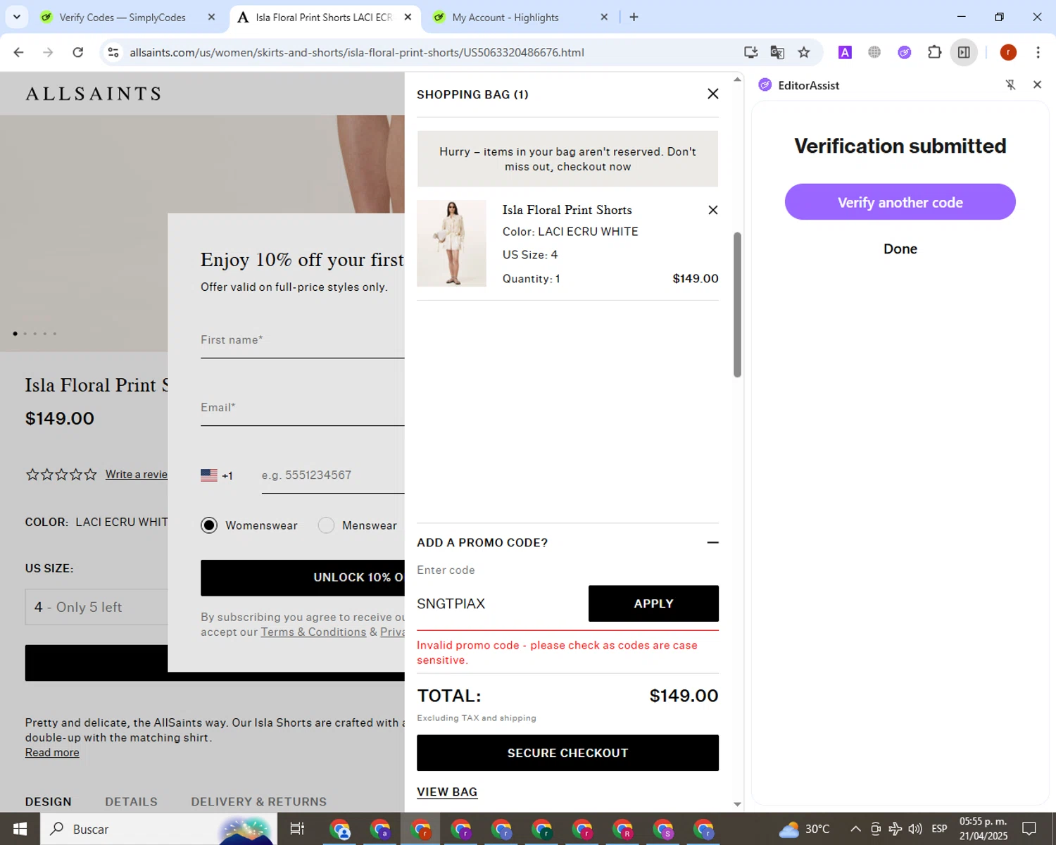 AllSaints promo code screenshot showing code SNGTPIAX applied at AllSaints checkout page. Uploaded by SimplyCodes community member dekusito on Apr 21, 2025