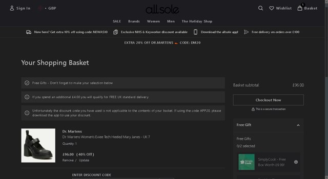 Allsole checkout page showing Allsole promo code box | Screenshot taken by SimplyCodes community member on Aug 25, 2025