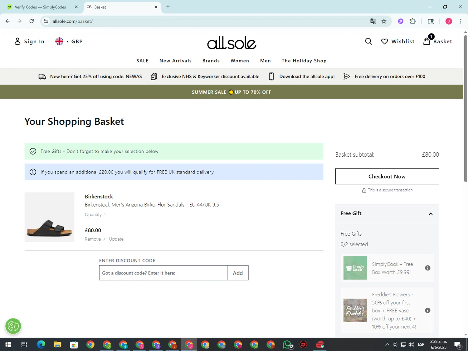 Allsole promo code screenshot showing code SOLE-R2 applied at Allsole checkout page. Uploaded by SimplyCodes community member CleverShopper2101 on Jun 6, 2025