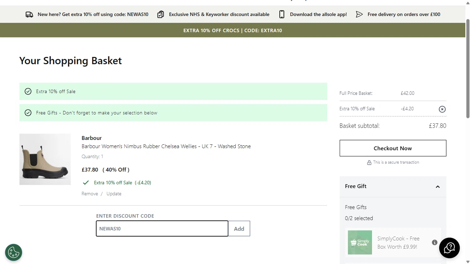 Allsole promo code screenshot showing code NEWAS10 applied at Allsole checkout page. Uploaded by SimplyCodes community member emejota on Jul 28, 2025