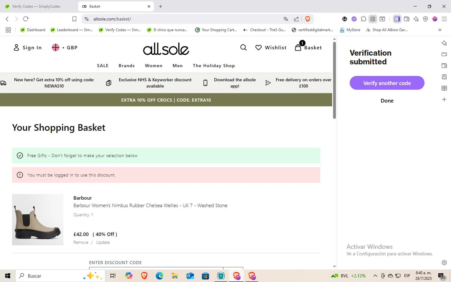 Allsole promo code screenshot showing code NEWAS10 applied at Allsole checkout page. Uploaded by SimplyCodes community member holaquetal on Jul 28, 2025
