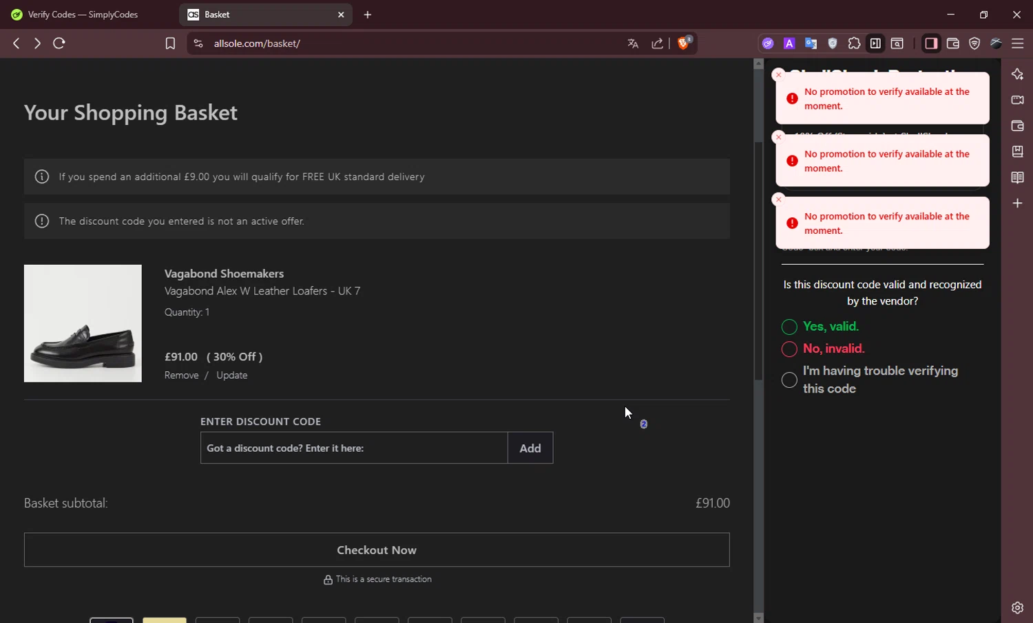 Allsole promo code screenshot showing code VAGA10 applied at Allsole checkout page. Uploaded by SimplyCodes community member Ema007 on Aug 26, 2025