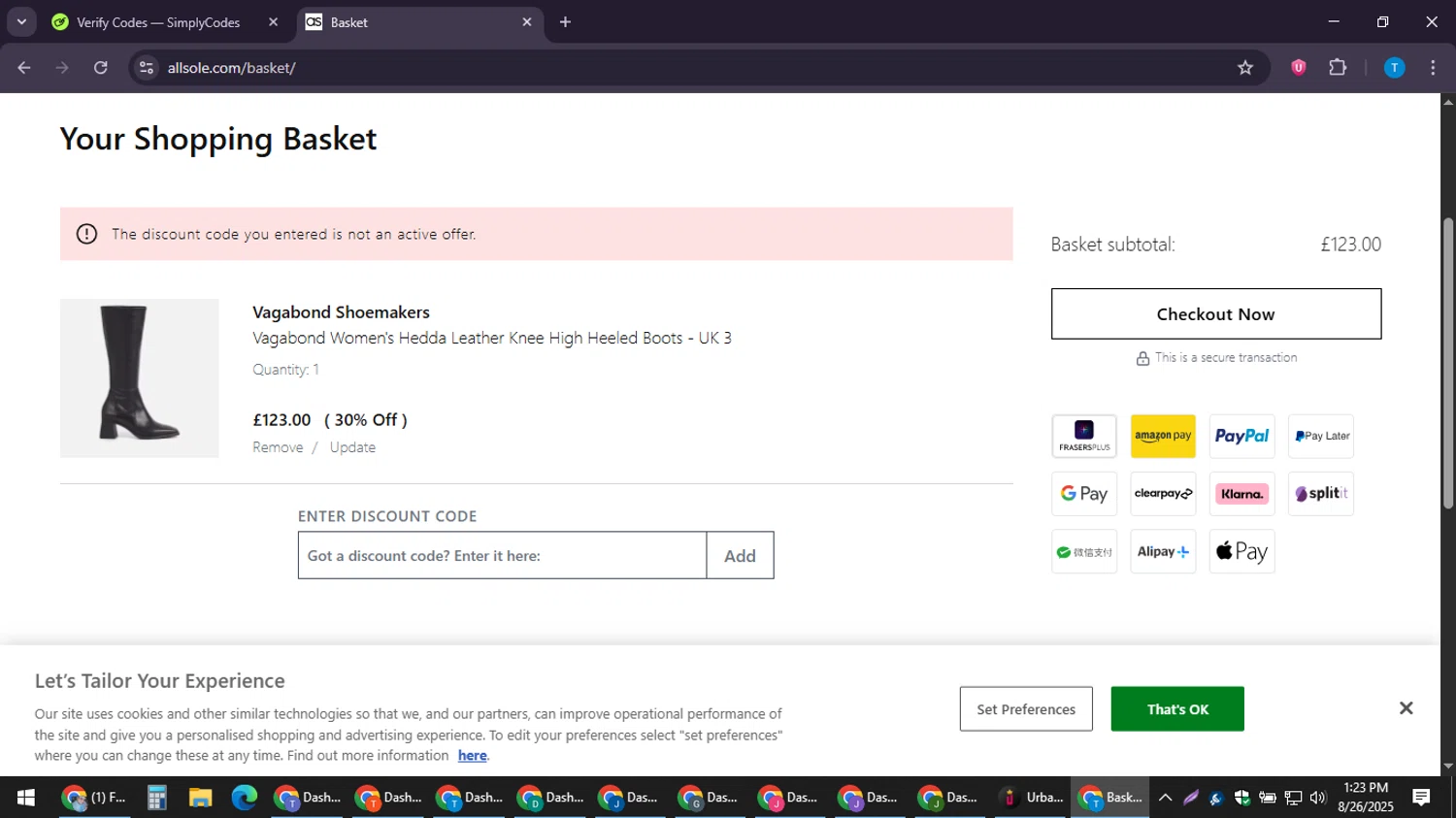 Allsole promo code screenshot showing code VAGA10 applied at Allsole checkout page. Uploaded by SimplyCodes community member LuckyPioneer4530 on Aug 26, 2025