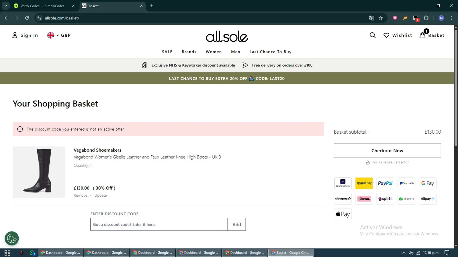 Allsole promo code screenshot showing code VAGA10 applied at Allsole checkout page. Uploaded by SimplyCodes community member VoucherCurator824 on Aug 26, 2025